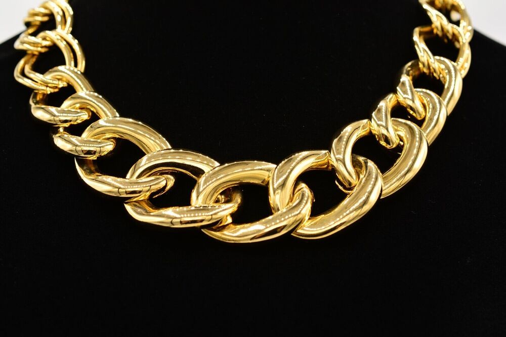 Vintage Collar Necklace Gold Tone Chain Linked Heavy Shiny Chunky 1980s BinK